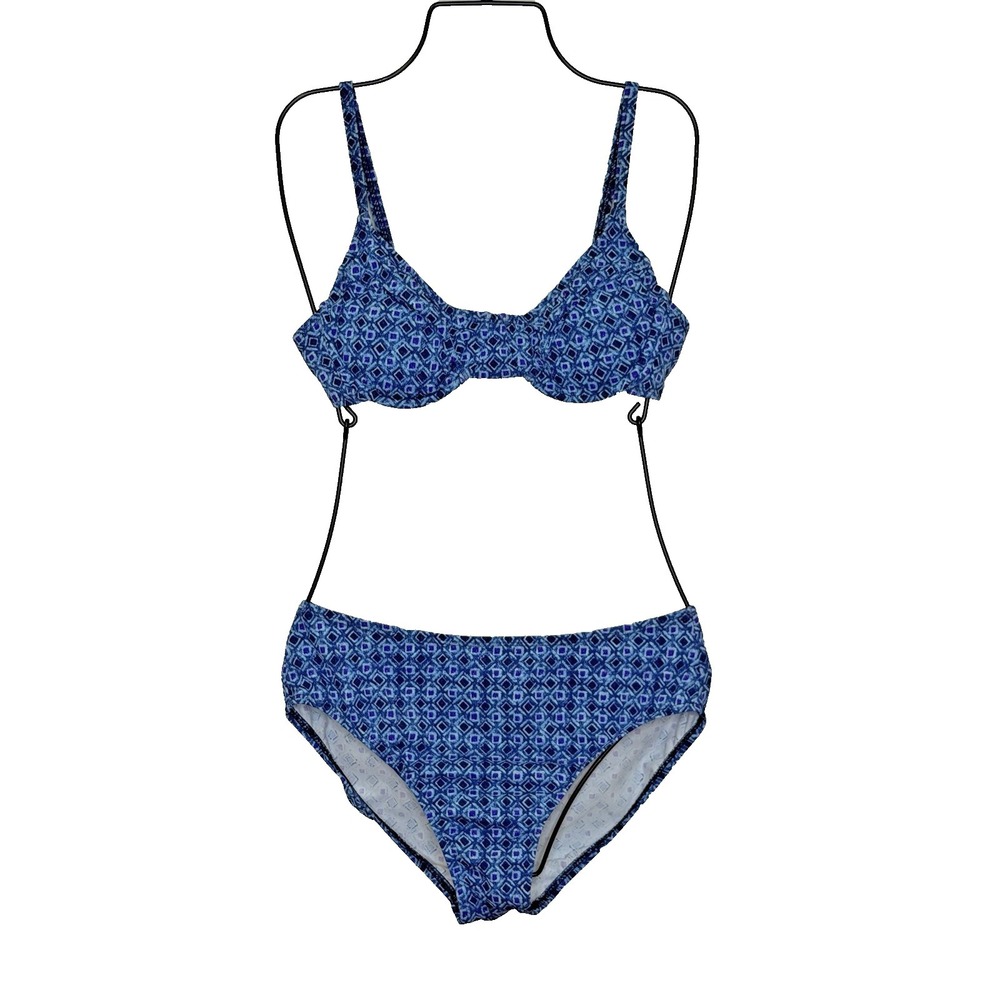 Lands' End 2 Piece Swimsuit Sz 10 Blue Print Bikini Push Up Top & Bikini Bottoms